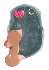 Hand drawing heart shaped hot air balloon in the night sky, cute fox longing and missing.