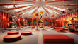 A gym layout for a circus-themed fitness center, with acrobat training areas and circus tent-style decor.