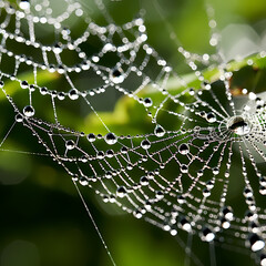 Canvas Print - Close-up of a dew-covered spider web. 