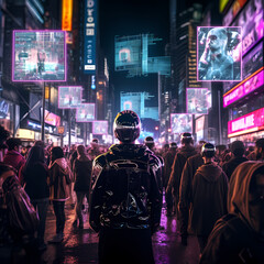 Poster - Cyberpunk street protest with holographic signs. 