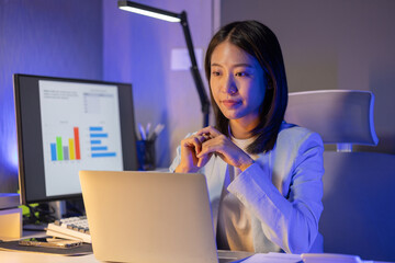 Wall Mural - An employee is sitting in a personal office doing work assigned by a boss, An office work scene with an entrepreneur sitting and working, concentrating on making a report in time.