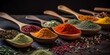 Colourful various herbs and spices for cooking powder on wood spoon herbs background