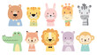 Cute wild woodland baby animal faces in pastel color vector illustration. Baby shower and nursery art animal set including a bear, tiger, lion, rabbit, giraffe, zebra, crocodile, fox, hippo and monkey
