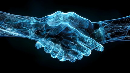 Wall Mural - two wire-frame glowing hands, trust concept, handshake, technology, business