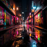 Fototapeta Londyn - Neon signs in a rainy urban alley. 