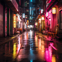 Wall Mural - Neon signs in a rainy urban alley. 