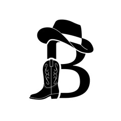 initial B with hat and shoes cowboy, Design element for logo, poster, card, banner, emblem, t shirt. Vector illustration