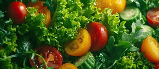 Wall Mural - This close-up showcases a vibrant salad packed with fresh tomatoes and lettuce, creating a colorful and refreshing dish.
