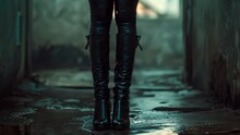 women’s black leather knee high tall boots in the alley, fashion and footwear concept Generative AI