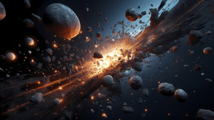 Big explosion with fire and debris in space with Earth as background