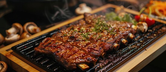 Canvas Print - A close-up view of a succulent steak sizzling on a hot grill, surrounded by intertwined grill marks and emitting flavorful wisps of smoke.