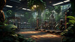 A gym layout for a jungle adventure fitness center, with rainforest workouts and exotic plant decor.