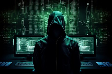 Wall Mural - Hacker in dark room against digital background with binary code and numbers