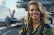 Blonde woman wearing military pilot uniform in military operations