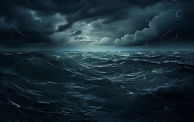 Wall Mural - Dark stormy sea with lightning and storm clouds