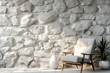 Grey Stone Wall, White Brick Background, Interior Style, Chair Lamp And Object.