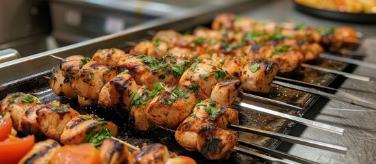 Canvas Print - Various types of food, including chicken kabobs with a tangy sauce, are being grilled on metal skewers. The grill marks can be seen on the meat, vegetables, and shrimp.