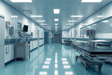 Fototapeta  - Interior of modern hospital building with emergency empty room and nurses station.