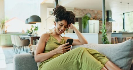 Poster - Woman, relax and smartphone on sofa for social media, meme and laugh for funny post in living room. Happy, home and person with technology for conversation, dating app or scroll on internet website