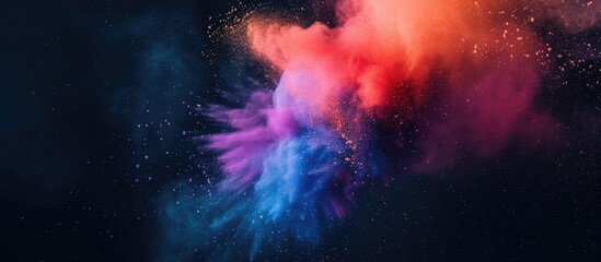Colorful dust explodes in the air, creating a vibrant cloud of powder against a stark black background, reminiscent of a Holi paint celebration. The powdery particles are depicted in a dynamic, mid