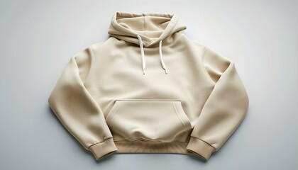 A cream-colored hoodie. It has a large pocket on the front and regular-length sleeves.  The material is soft and comfortable, suitable for casual or sports wear.
