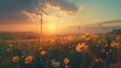 Sustainable Wind Energy and Wildflower Field at Sunset