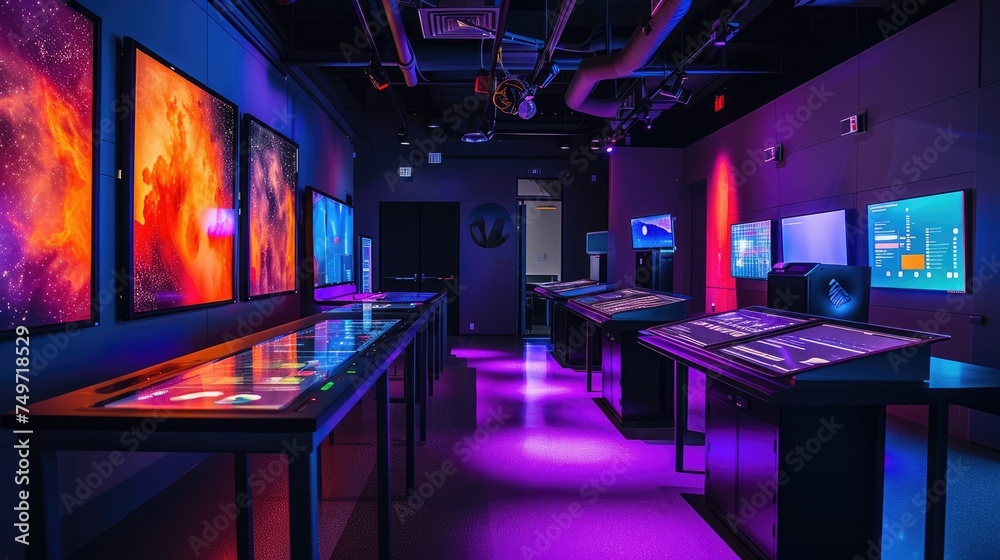 The interior design of this large room includes tables, stools, and a ...