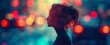 Silhouette of a woman against vibrant city lights, with a bokeh effect creating a mood of urban solitude and contemplation