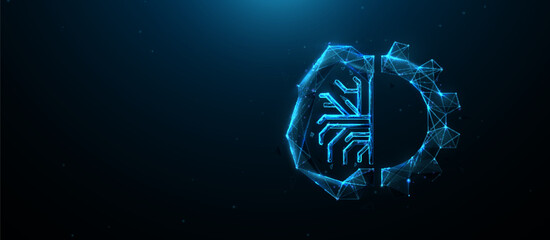 Aufkleber - Brain and gear cog icon with lines and triangles, point connecting network on blue background. Illustration vector