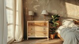 Fototapeta  - A wooden dresser next to the window. Generative Ai.