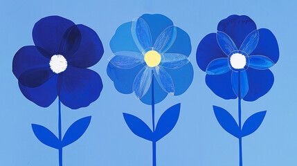 Wall Mural - three blue flowers. Generative Ai.