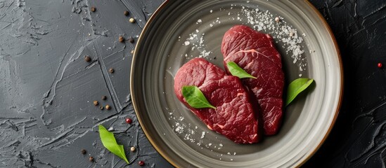 Canvas Print - Two pieces of raw fillet beef steak are displayed on a white plate. The uncooked meat is fresh and unseasoned, ready to be cooked to individual preferences.