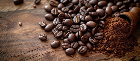 Wall Mural - A collection of coffee beans and ground coffee scattered on a wooden table, showcasing the raw materials used in the preparation of a warm cup of coffee. The beans are dark and rich in color