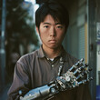 Portrait photography of a Japanese student with a metallic arm brace that doubles as a computational device, tapping on its surface
