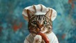 A cat in a chef's hat with a fried sausage in its paws.