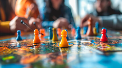 .A photograph of a vibrant tabletop board game in progress