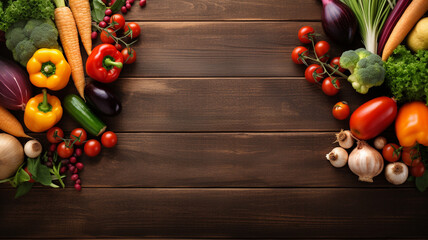 Wall Mural - Top view of fresh vegetable and salad bowls on kitchen wooden worktop promoting healthy eating