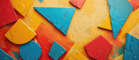 Poster - Close-up view of a painting featuring a multitude of bright and contrasting colors. The artwork showcases a mix of geometric shapes with a 3D effect and a rough, grungy texture. Ideal for web banners