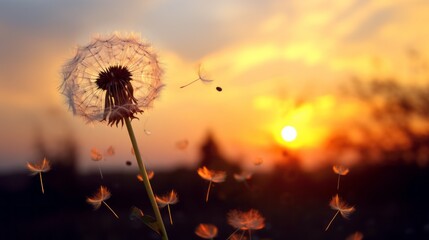 Aufkleber - Dandelion seeds fly away in the wind across the blue sky at Sunset from the space mine. Nature, Summer, Flower Field concepts.