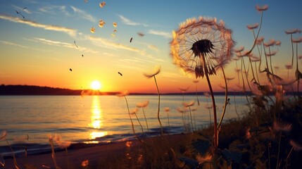 Aufkleber - Dandelion seeds flying in the wind across the blue sky near the Lake at Sunset from the space mine. Nature, Summer, Flower Field concepts.