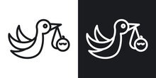 Stork With Baby Icon Designed In A Line Style On White Background.
