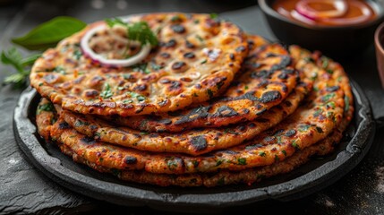 Sticker - Homemade kerala Porotta or paratha,layered flat bread made using maida or all purpose wheat flour arranged in a black ceramic plate on fresh green banana leafand garnished with onion rings. 