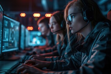 Poster -  a cybersecurity team in action focusing on the intensity and concentration as they defend against a cyber attack highlight the modern digital battleground