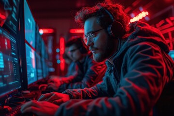 Poster -  a cybersecurity team in action focusing on the intensity and concentration as they defend against a cyber attack highlight the modern digital battleground