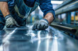 Manual laborers, males, fabricating sheet metal in an industry
