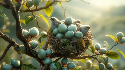 Wall Mural - Skylark nests on branches in the forest