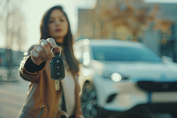 Wall Mural - Unidentifiable woman displaying ignition key in hand near her new car