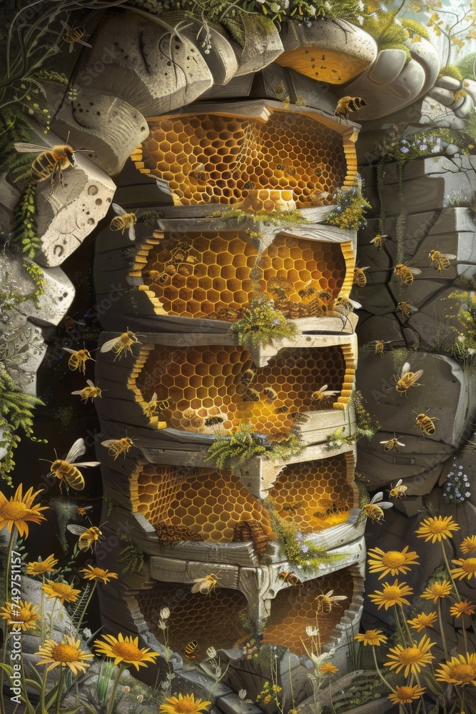 Cross sectional illustration of a beehive showing the honeycomb ...