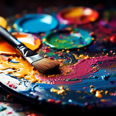 Wall Mural - A close-up of a painter's palette with vibrant paint splatters.