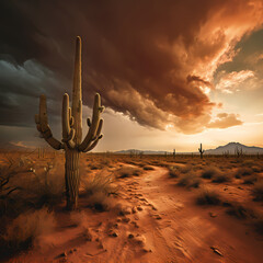 Poster - Desert landscape with a lone cactus under a dramatic sky.